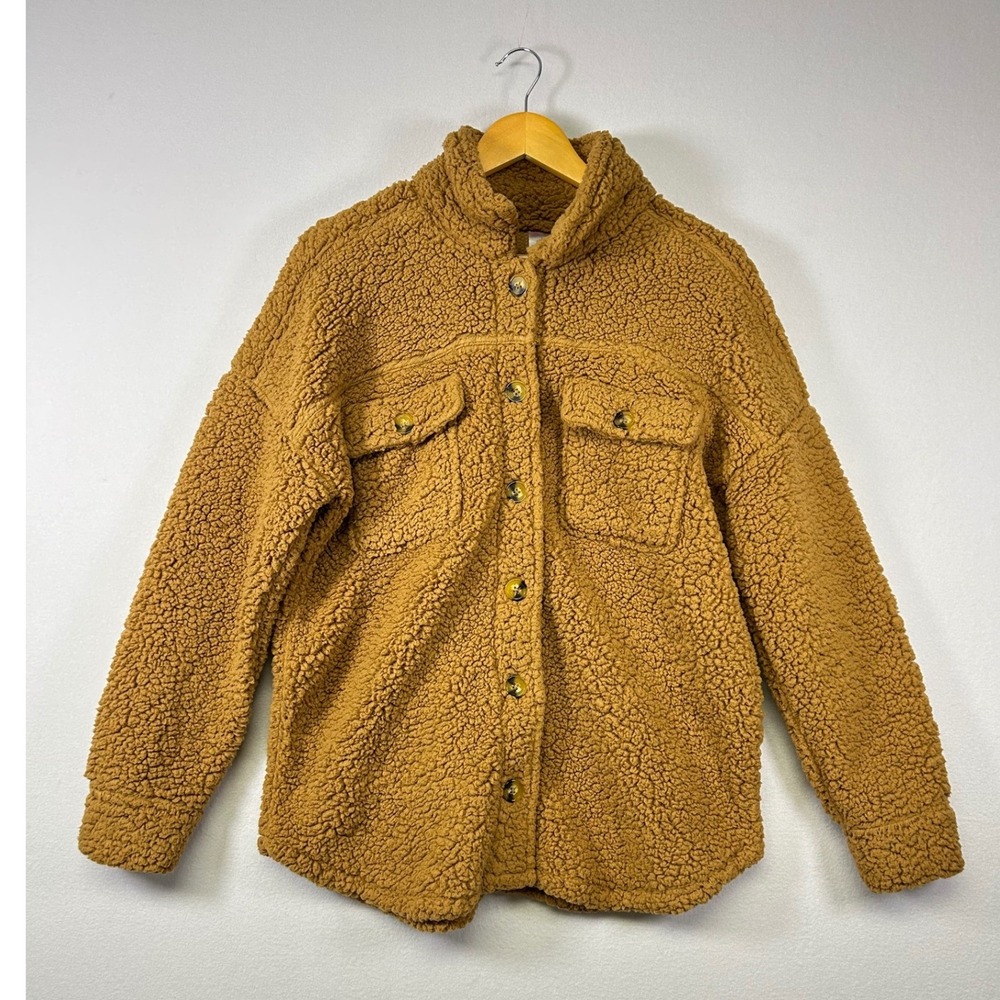 No Boundaries Sherpa Shacket Women L Brown Button Up Fleece Teddy Shirt Jacket